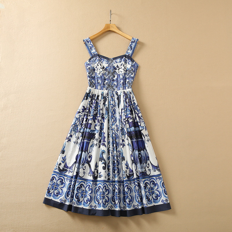 

2022 Summer Spaghetti Strap Sweetheart Neck Blue Paisley Blue and White Porcelain Print Mid-Calf Dress Elegant Casual Dresses 22Q151640