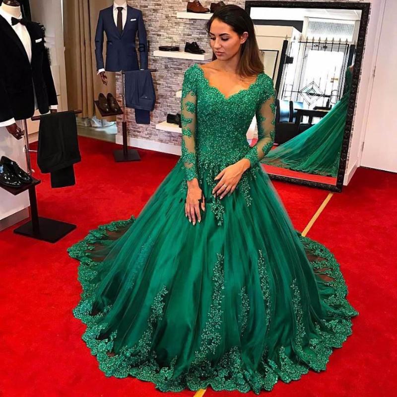 

Bridesmaid Dress Bridal Gown Long Sleeve V Neck Green Wedding Party Vestido De Baile Women Prom DressBridesmaid