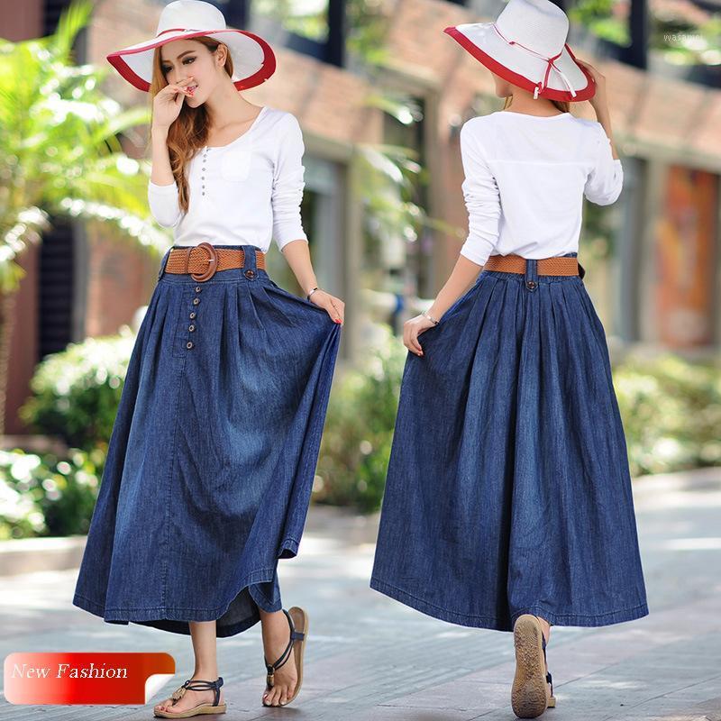 

Skirts Autumn Women Elastic Waist Plus Size Pleated Hip Slim Medium-long Loose Large Jeans 6XL, Blue with button