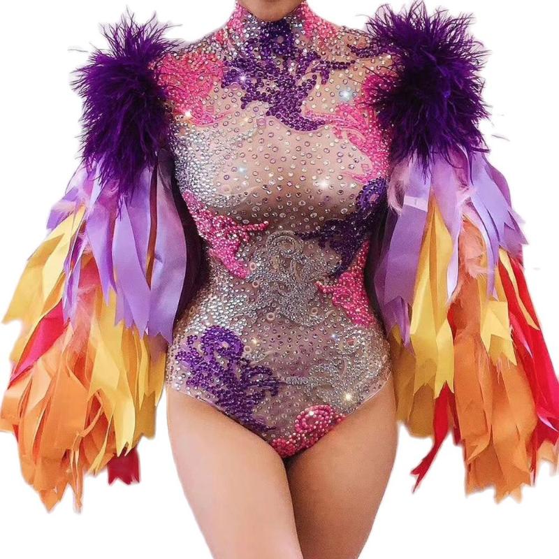 Vêtements de scène scintillants diamants colorés femmes justaucorps violet plume ruban body discothèque Costumes glisser reine tenue scène