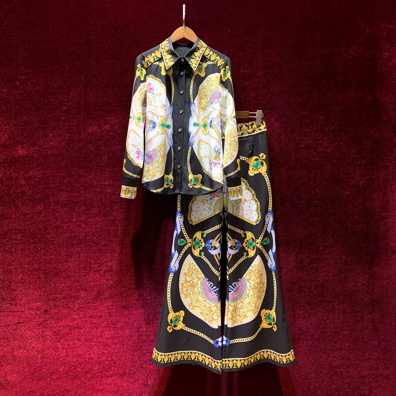 

European and American women's wear spring 2022 new Printed shirt with long sleeves and chain Wide-legged pants Fashion suits, Black