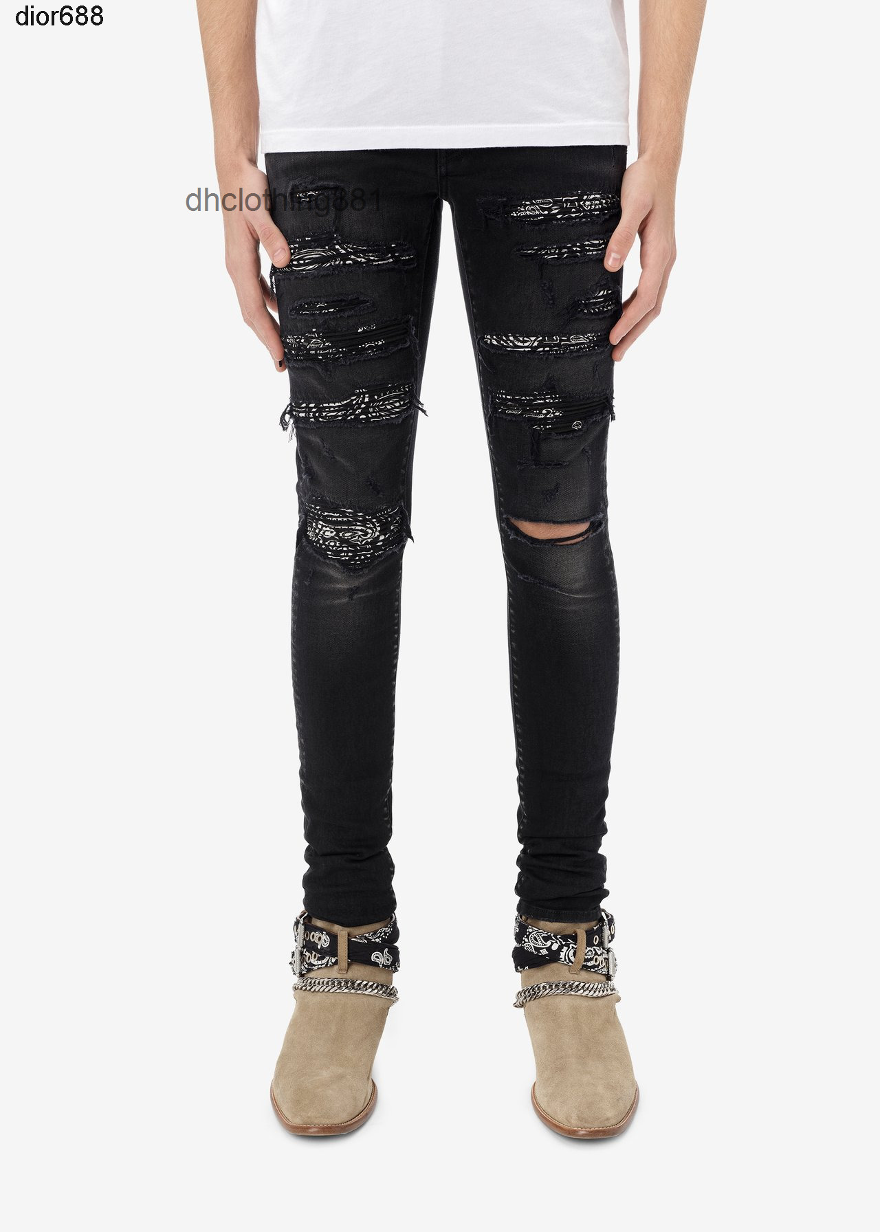 

Jeans designer Amirss Men Jean Amistyle patchwork cashew nut heavy industry washing flowers broken holes damaged cat beard denim pants tide, Black