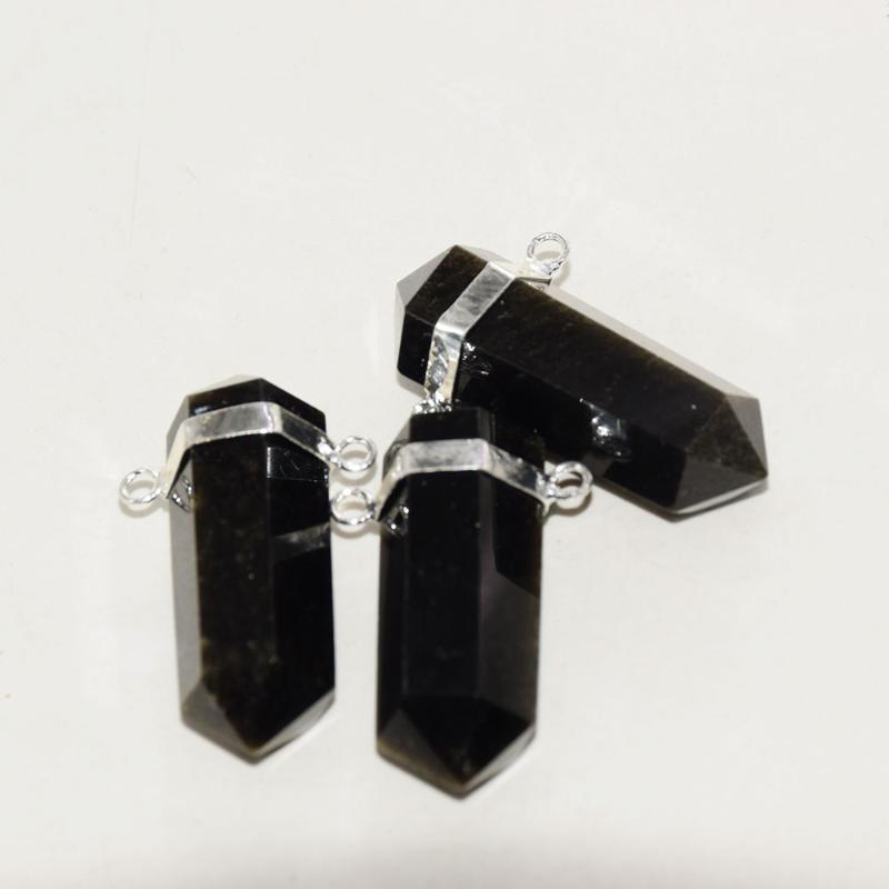 

Pendant Necklaces Natural Black Obsidian Hexagonal Stone For Jewelry Making 2022 Women Long Silver Plating 6 Face Big 2 Loops 5pcPendant
