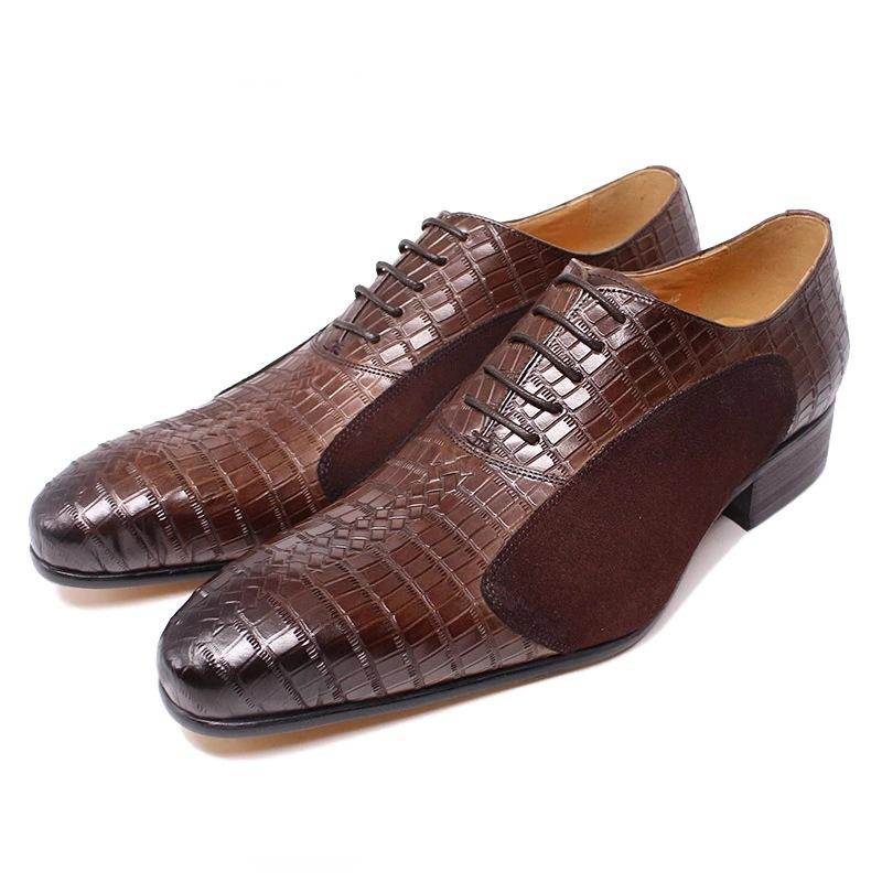 

New Fashion Leather Oxford Shoes Solid Color European and American Stone Texture Embossing Stitching Suede Lace-up Pointed Toe Office Men Dress Shoes KB247, Clear