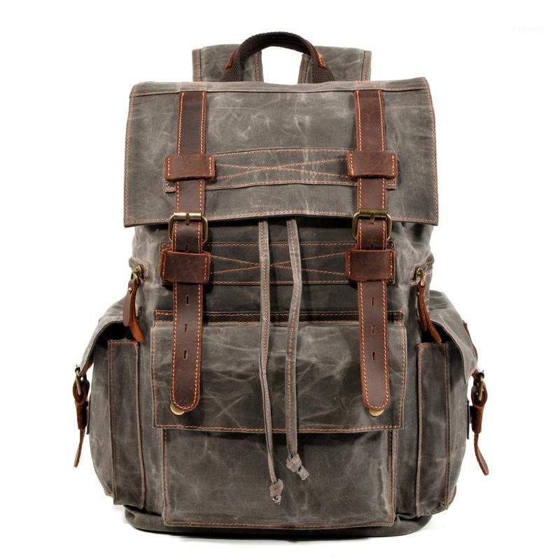 

Backpack Waterproof Large Men Beeswax Canvas Travel Computer Bag Outdoor Crazy Horse Leather Hiking Camping, Mogreen
