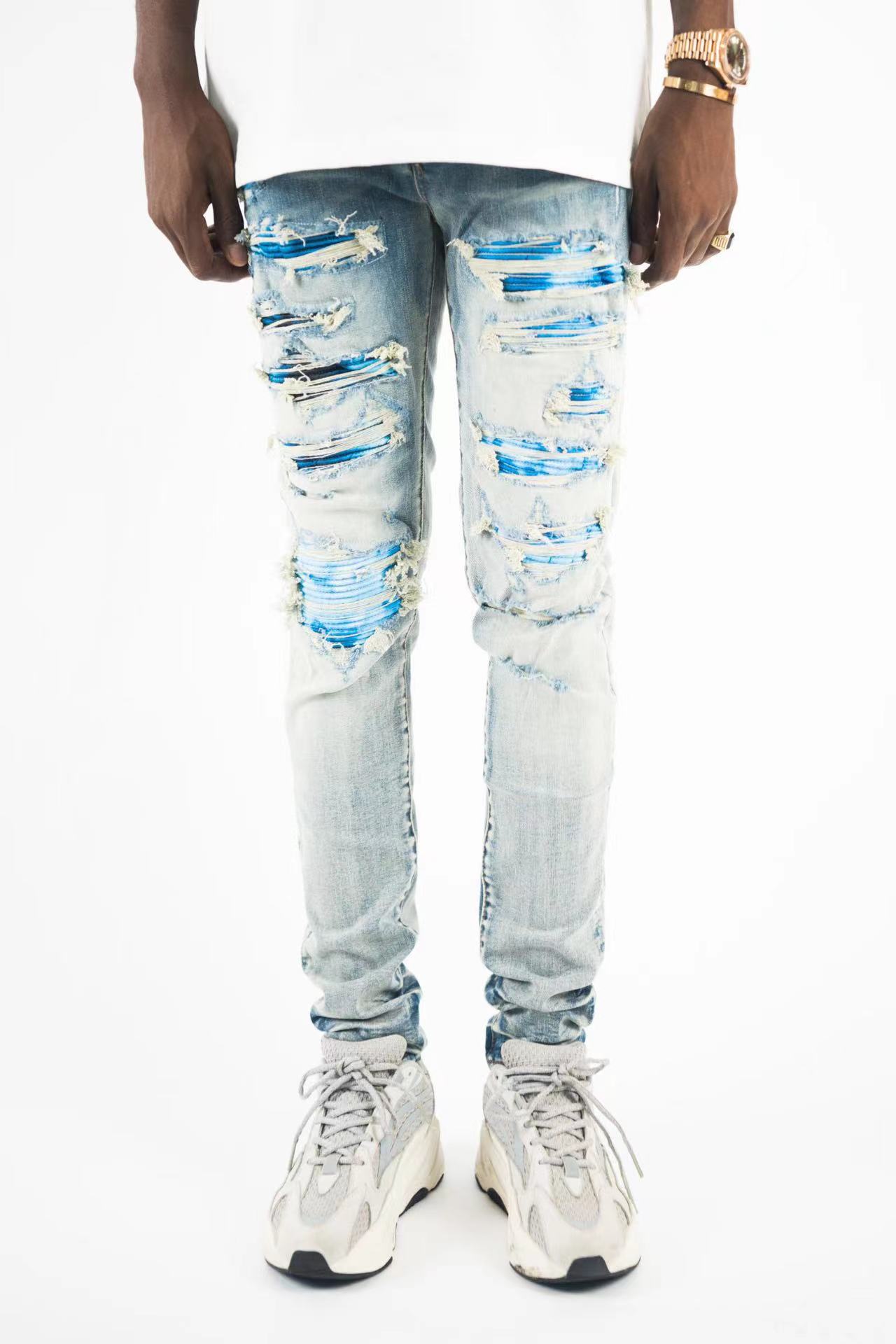 Mens jeans European and American fashion brand wash water blue do the old destruction palace flower casual slim small feet SLP jeans high street