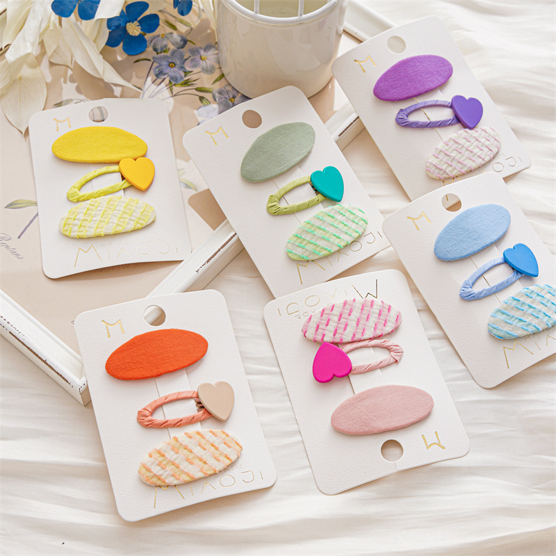 

3 Pieces Children Fabric Ellipse Heart Shaped Hair Barrettes Little Girl Multi Color Alloy Cute Bang Ponytail Hair Clips European Headdress Love Model Edge Hairpins