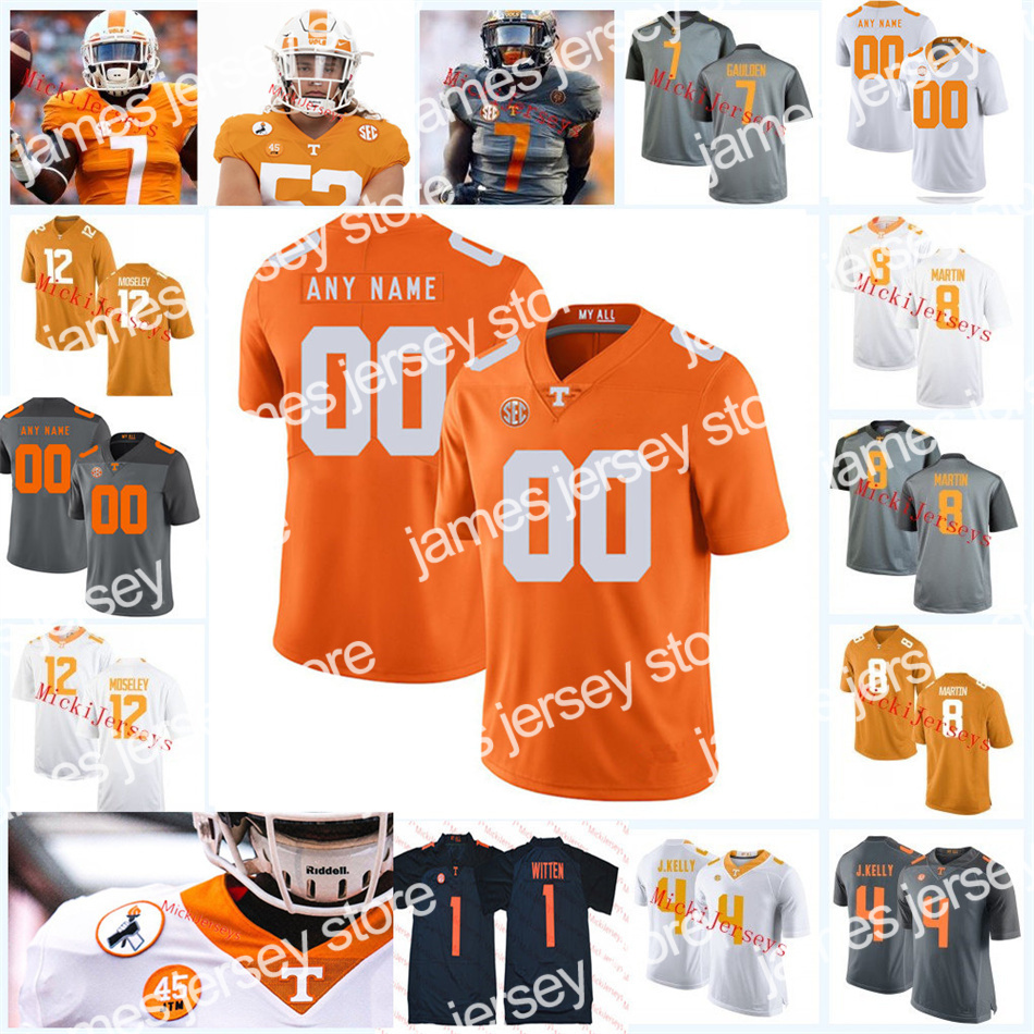

Tennessee Volunteers Football Jersey Jason Witten Peyton Manning BILL BATES Alvin Kamara Reggie White John Kelly Joshua Dobbs Eric Berry, Yellow with 45 jim +uni mark patch