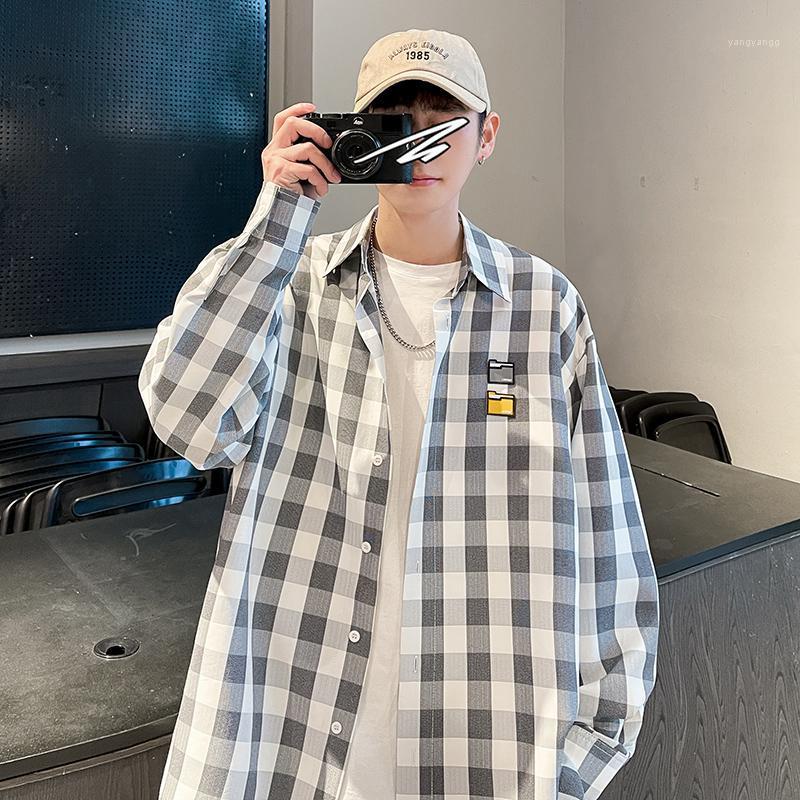 

Men's Casual Shirts Korean Style Oversized Color Block Plaid Shirt Men Turn-Down Collar Loose Long Sleeve Unisex 2022 Fashions, Medium-sized plaid