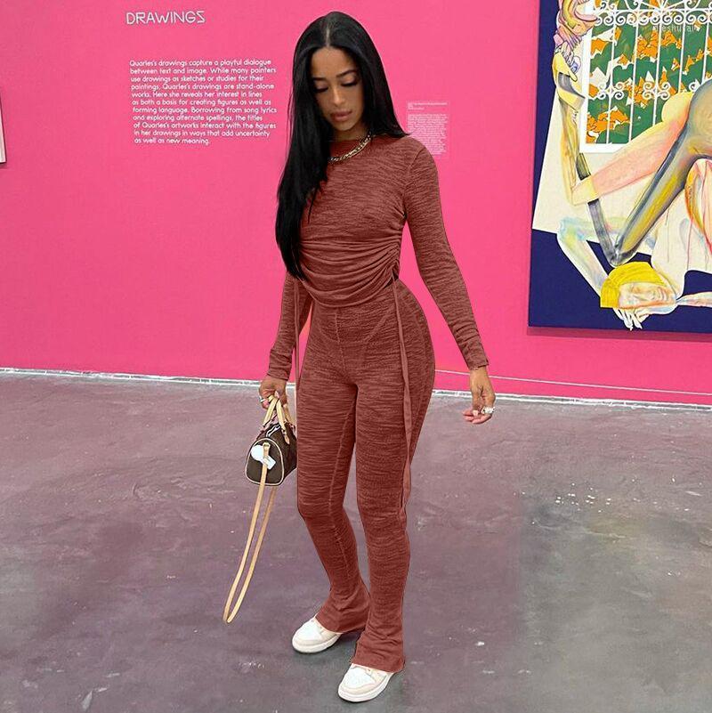 

Women' Two Piece Pants Autumn Knitted Drawstring Top And Sets For Women Skinny Streetwear Baddie Outfits Workout Casual Co-ord Set, Beige