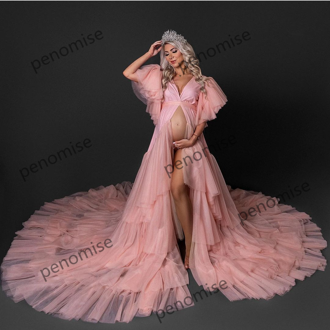 

Pink Prom Dresses for Women 2022 Short Sleeve Layers Photoshooting Dress Customise V Neck Maternity Nightgown Robe, Champagne