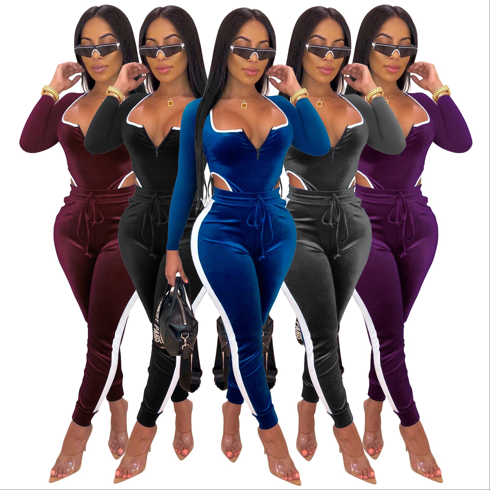 

Sexy Velvet Striped One Piece Jumpsuits Women Long Sleeve Cut Out Rompers Bodycon Skinny Bodysuit Autumn Winter Elegant Overalls, Purple