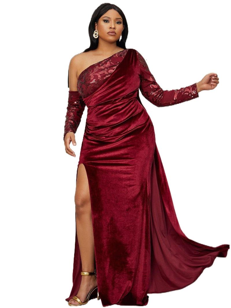 

Plus Size Dresses Seomiscky Contrast Sequin Asymmetrical Neck Draped Velvet Dress M5zY#Plus, Burgundy