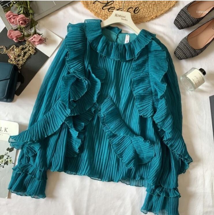 

Fashion Spring Autumn Women's Retro Lotus Leaf Edge Pleated Chiffon Shirt Female Sweet Blouse Casual Tops Blouses & Shirts, Green