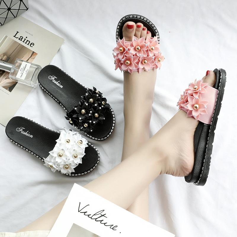 

Slippers Summer Women Peep Toe Solid Outdoor Pleated Ladies Shoes Flat Fashion Sweet Comfortable Female Footwear