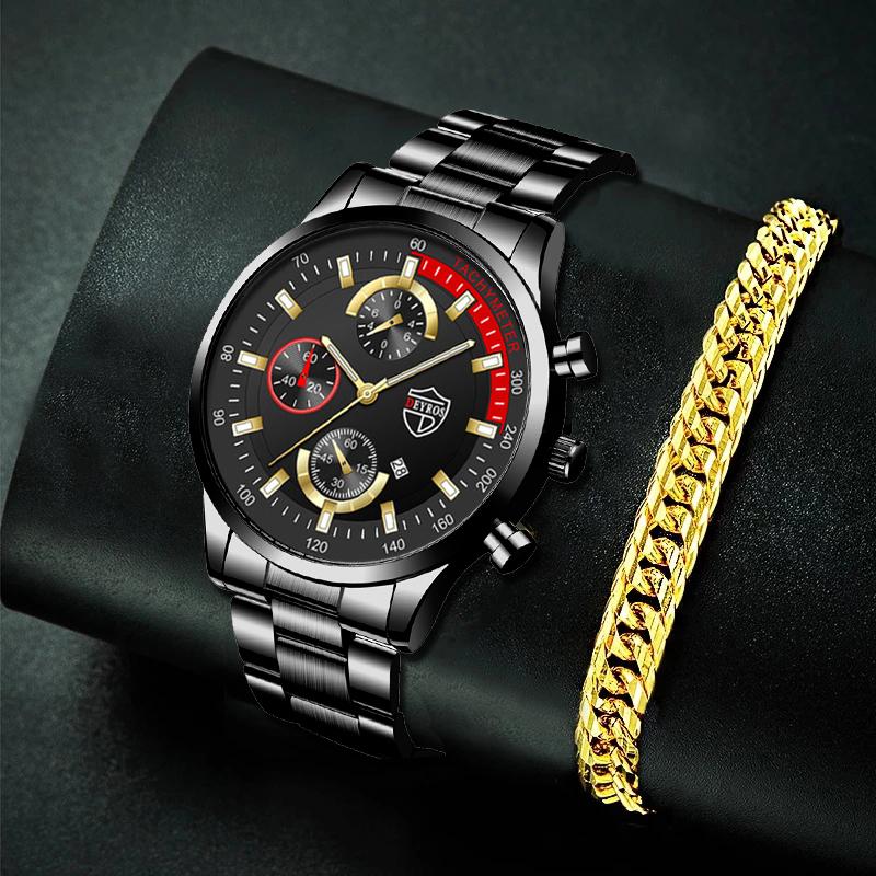 

Wristwatches Brand Fashion Mens Sports Watches Men Stainless Steel Gold Bracelet Quartz Watch Calendar Date Man Business Casual Clock WatchW, As shown 5