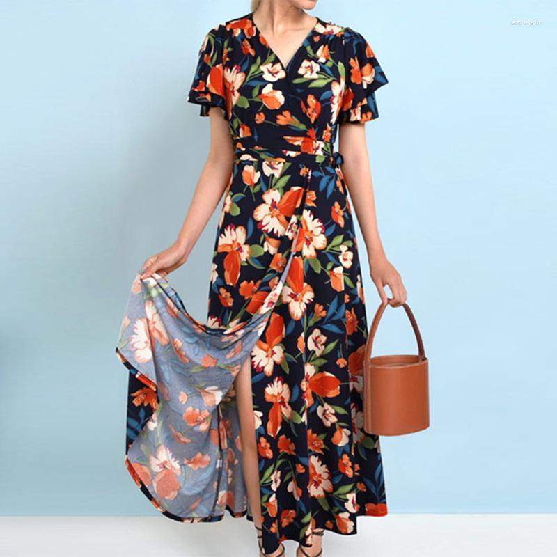 

Plus Size Dresses 2022 Summer Dress Women V Neck Ruffles Short Sleeve Floral Print Bohemian Beach Belted Split Front Boho Sundress Jasp22, Blue