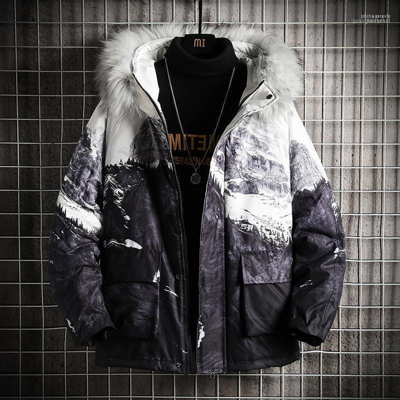 

Winter Men's Plus Size Parkas Big Fur Collar Hooded Thick Cotton Liner Jacket1 Phin22, Black white