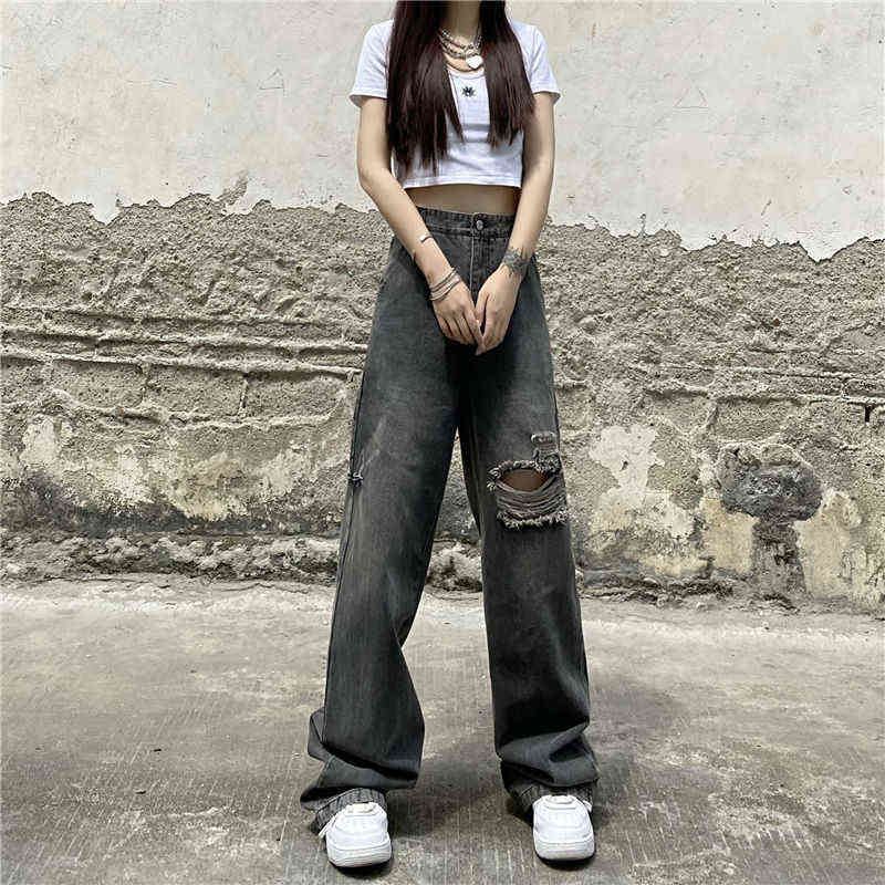 

Streetwear High Waist Women' Fashion Denim Girls Wide Leg Pants Trousers Female Jean Femme Denim Fashion Jeans Ripped Pant L142 T220728, Gray