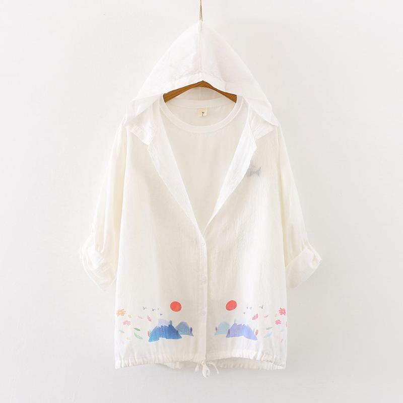 

Women's Trench Coats Kawaii Sun Protection Shirts For Teens Girl Japanese Lovely Cartoon Sunscreen Blouse Cardigan Women Summer Thin Hoodie, White