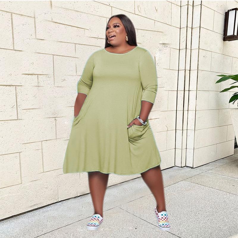 

Plus Size Dresses ZJFZML ZZ Women Clothing Dress 2022 Three Quarter Sleeve O-neck Side Pocket Oversize Drop Wholesale Echm22, Green