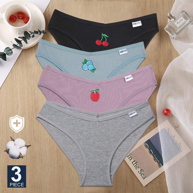 

Finetoo 3pcs Set Women Cotton Embroidery Fruit Panties Underwear V Waist Female -xl Womans Briefs Pantys Intimates Lingerie, Set 16