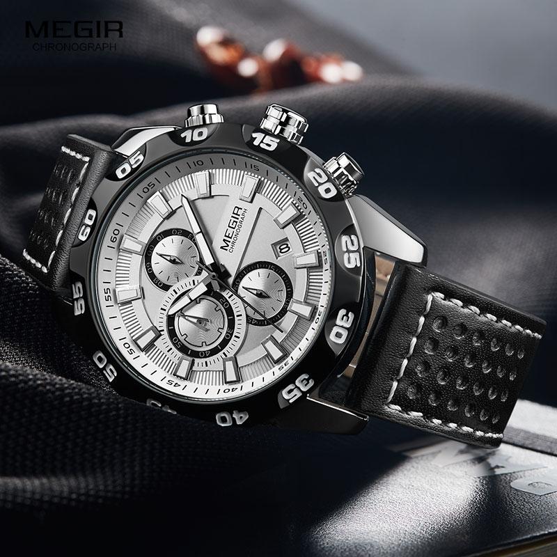

Wristwatches Megir Men's Military Sports Watches Leather Strap Top Brand Chronograph 3 Bar Waterproof Luminous Wrist Watch Man 2096G Whi, Ml2096g-white