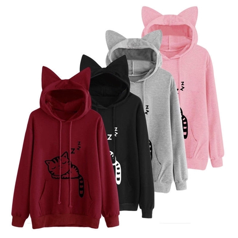 

Ladies Cute Ear Pullover Hooded Sweatshirt Sweatshirt Loose Warm Hooded Top With Adjustable Drawstring Top Autumn Women 220812, Burgundy