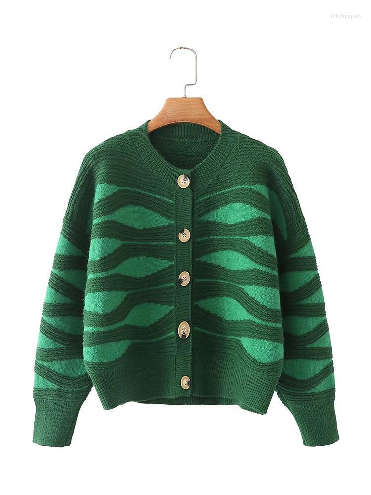

Women's Knits & Tees Autumn Women Green Ripple Cardigan Sweater Vintage Single Breasted Long Sleeve Female Crop Outerwear TopsWomen's Time22