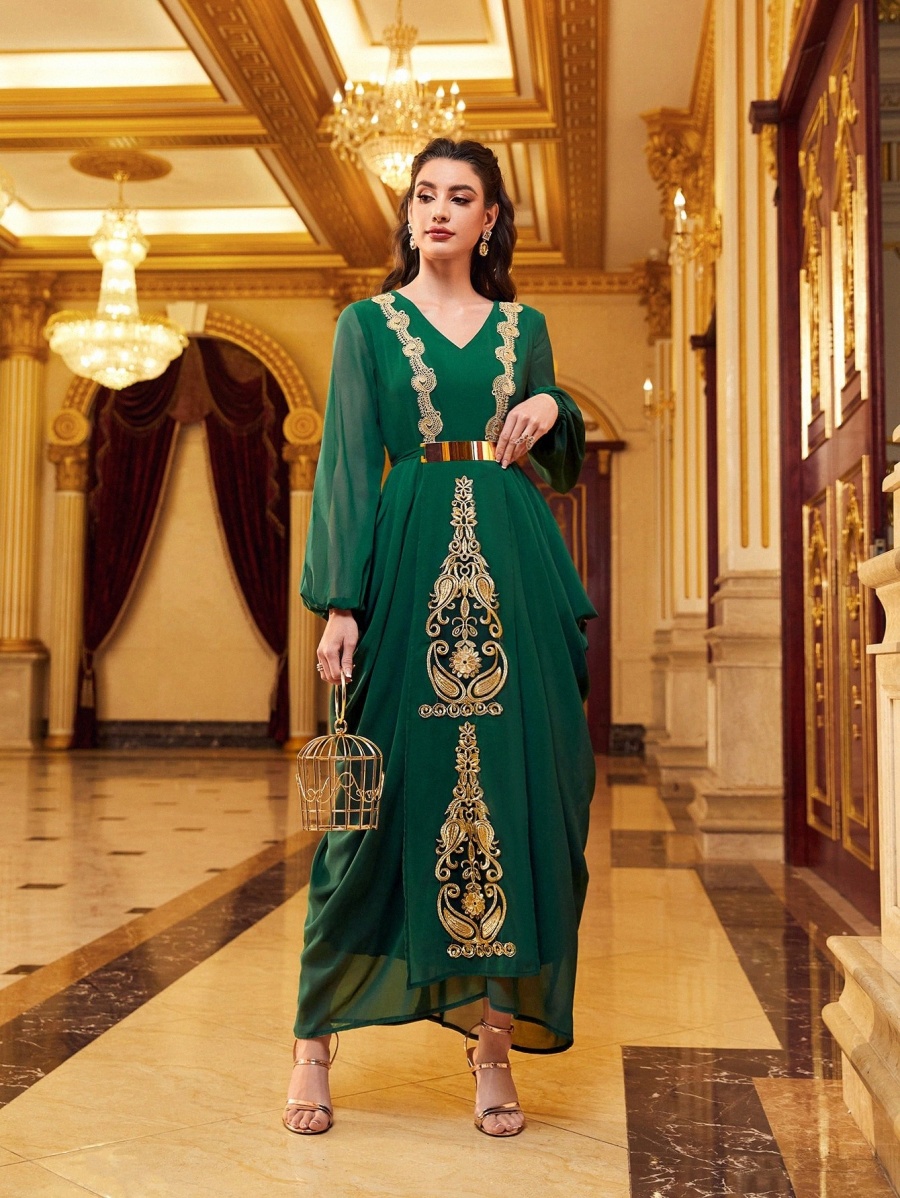 

paisley Embroidery V-neck Draped Side Belted Dress x2uY#, Green