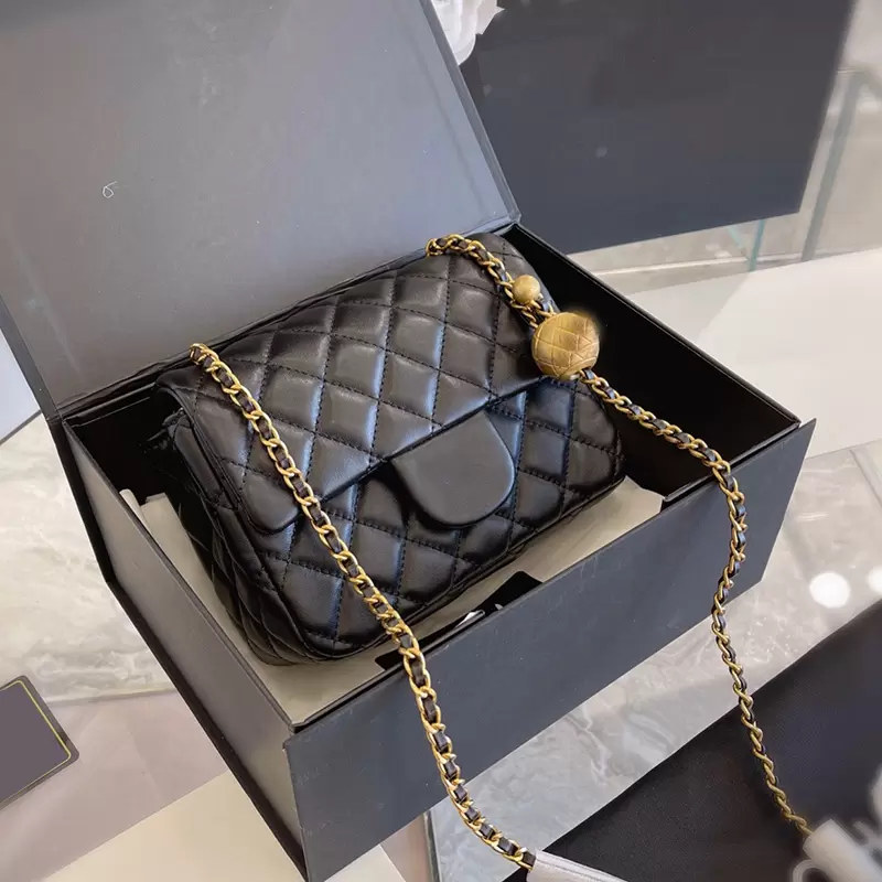 Ladies Classic Mini Flap Square Lambskin Bags Genuine Leather Crush Gold Ball Adjustable Shoulder Strap Turn Lock Luxury Designer Purse Handbags