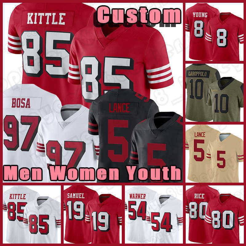 

Mens Jersey 85 George Kittle 97 Nick Bosa 5 Trey Lance Football Jimmy Garoppolo Jerry Rice Fred Warner Colin Kaepernick 49ers''Patrick Willis, Custom men +patch(49r)