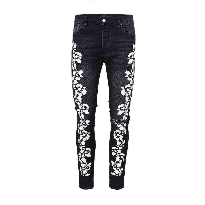 

Men's Jeans jeans casual hip hop high street print used wash splash ink slim fit hole men, Black