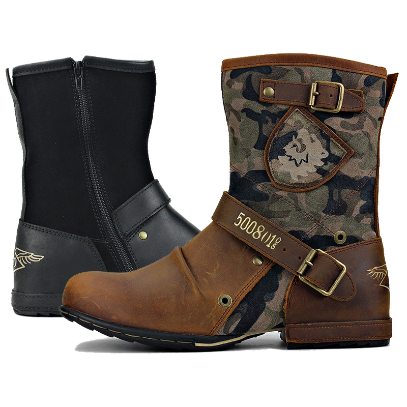 

High Quality Men Knight Boots Cowboy Boots PU Vintage Metal Buckle Side Zip Warm Western Boots Outdoor Shoes Zapatos Hombre Moto, Brow