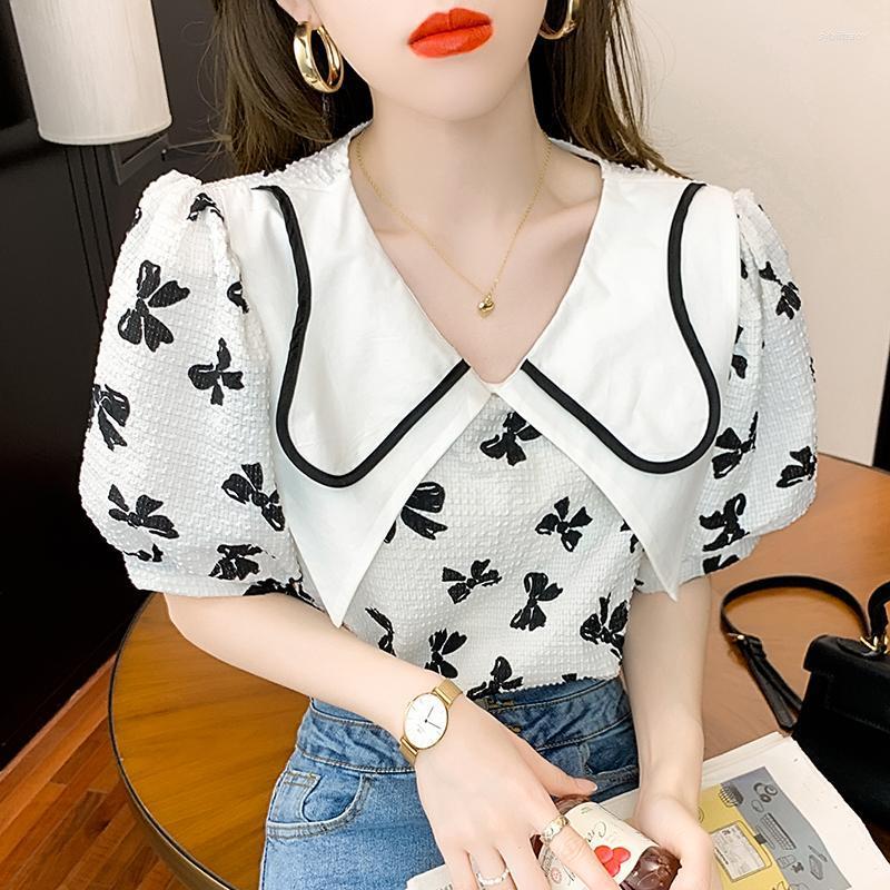 

Women' Blouses & Shirts Baby Collar Shirt Summer 2022 Fashion Design Bow Contrast Bubble Sleeve French Short Jacket Sybi22, Black