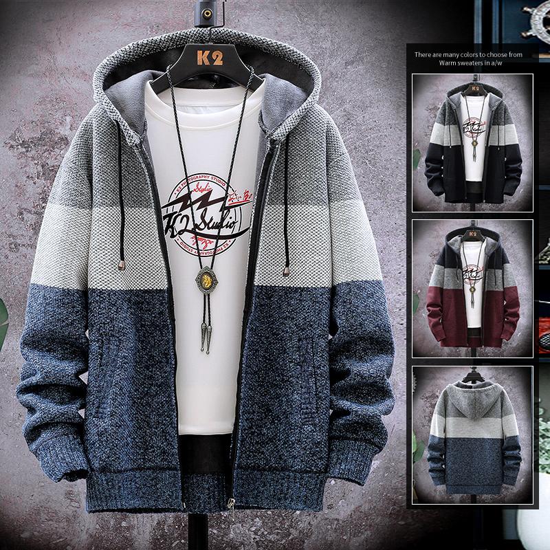 

Men' Sweaters Men' Cardigan Sweater Spring And Autumn Hooded Plush Thickening Korean Fashion Zipper Thermal StitchinMen, Plus velvet blue gra