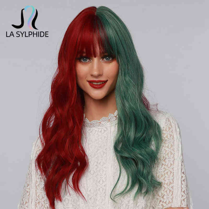 

Hair Synthetic Wigs Cosplay La Sylphide Cosplay Halloween Party Wig Long Nature Wave Half Dark Red Green Synthetic Wigs with Bangs for Woman Cute 220225, Lc6081 wig