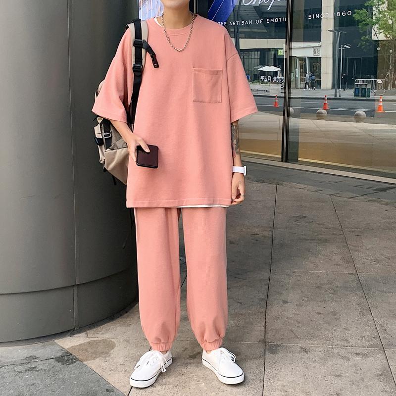 

Men's Tracksuits 6-color Sports Suit Men Fashion Casual Short-sleeved T-shirt Trousers Two-piece Korean Loose Plaid Sets Mens Plus Size -5X, Black