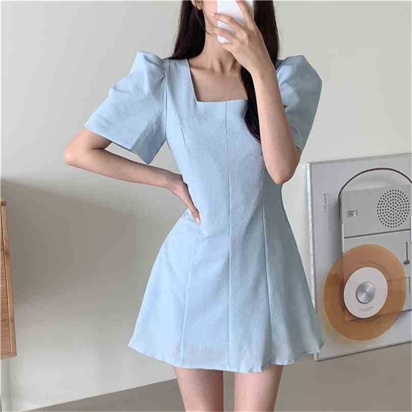 

Sexy Femme Solid Lady OL Slim Prom Puff Sleeves Casual Streetwear All Match Chic Mini Dresses Vestidos 210525, Blue