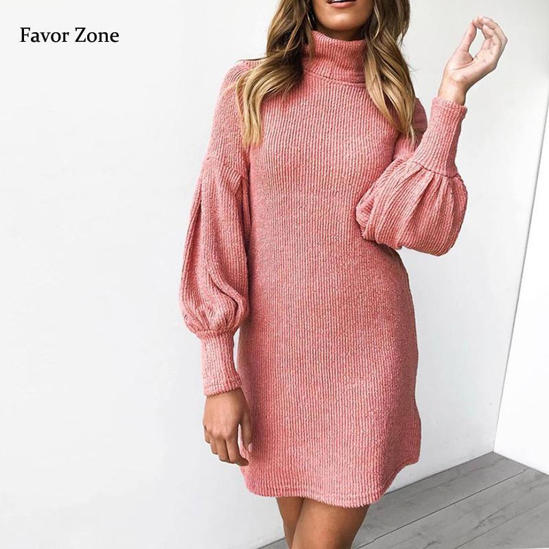 

Casual Dresses Autumn Winter Women' Dress Fashion Screw Thread Sexy Bodycon Evening Party Turtleneck Lantern Sleeve Warm, Black