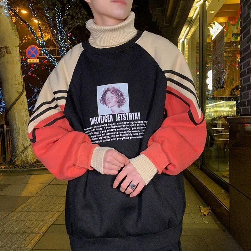 

Men's Hoodies & Sweatshirts Sweatshirt Men's Long-sleeved Loose Korean Style Autumn Trend Plus Fleece Turtleneck Jacket Men Clothing 202, C-blue