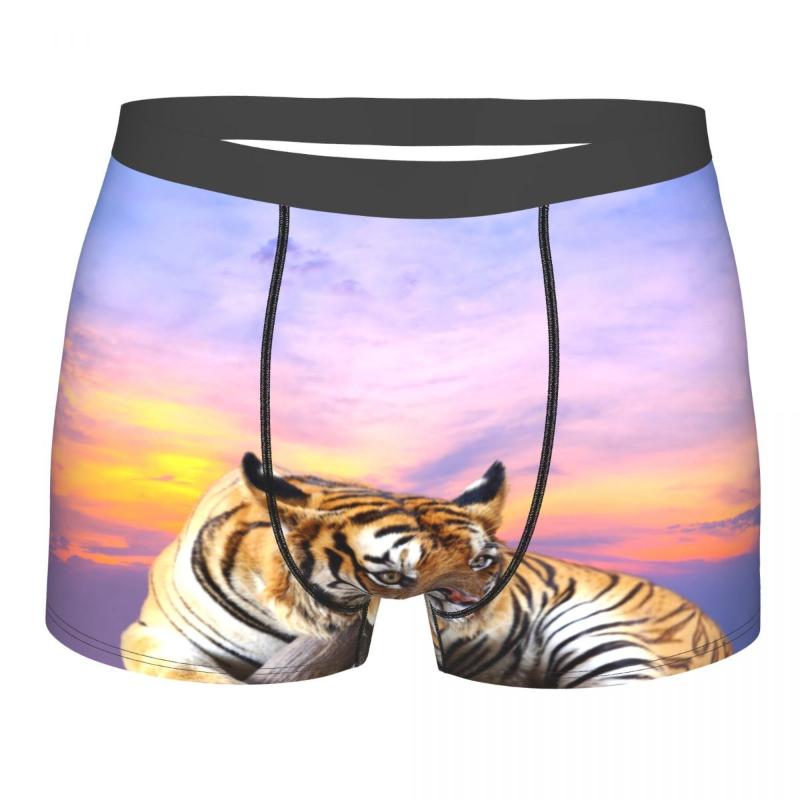

Underpants Mens Boxer Sexy Underwear Tiger With Sky At Sunset Time Male Panties Pouch Short Pants, Black;white