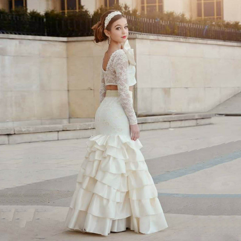 Elegant Mermaid Flower Girls Dresses Ivory Long Sleeve V Neck Appliques Tulle Girls Pageant Gowns with Pearls Girls Communion Birthday Wear-image-766118618
