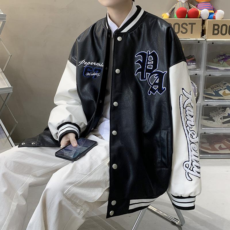 

Men's Jackets Men's Bomber Jacket Baseball Clothing Coat Men PU Leather Letter Embroidered Coats Teenager Outwear Loose LargeMen's, Black