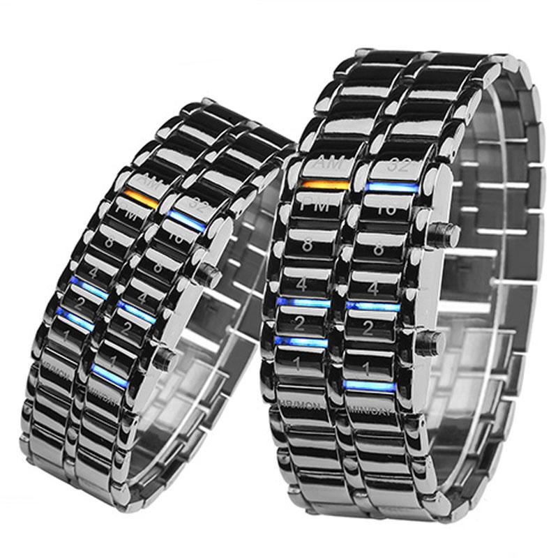 

Wristwatches Upgraded Version Lava Iron Samurai Watch Men Bracelet Watches Binary Led Black Stainless Steel Multifunction WatchesWristwatche, Lady size silver