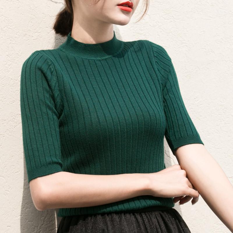 

Women's Sweaters Mutaoru Wholesale Price 2pcs/lot Knitted Slim Pullover Women Turtleneck Knitting Sweater Shirt Basic Half Sleeve Tops, Black