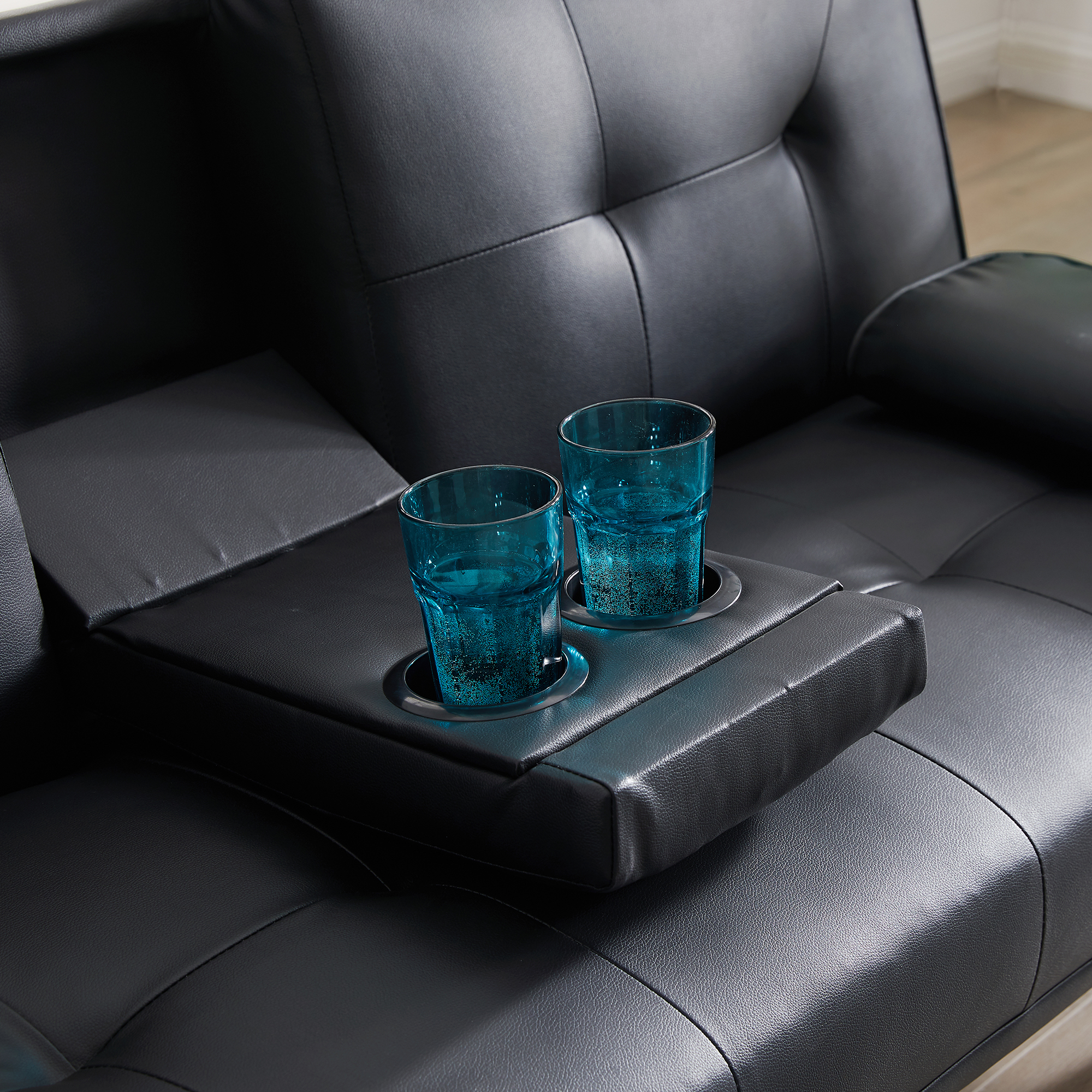 Living Room Furniture Modern Faux Leather Loveseat Sofa Bed with Cup Holders Convertible Folding Sleeper Couch Bed-image-769056902