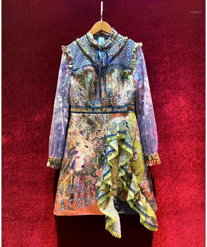 

Women Dress 2022 Autumn Winter Vintage Print Designer Slim Elegant High Quality Arrival Casual Dresses, Multi