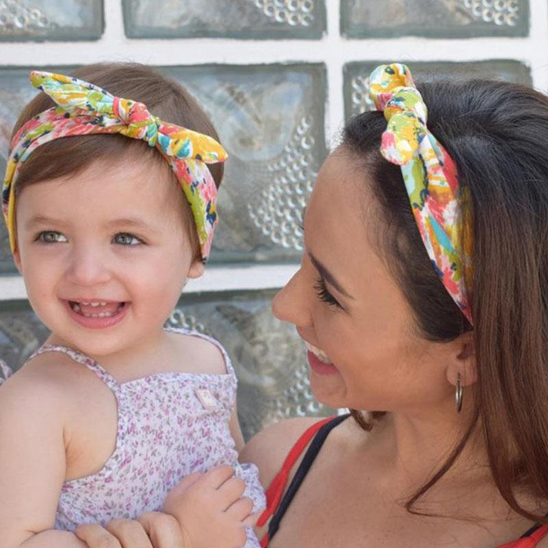 

Hair Accessories 2 Pcs/Set Flower Print Baby Headband And Mother Hairband Set Cute Knot Soft Elastic Girls Turban, Slivery;white