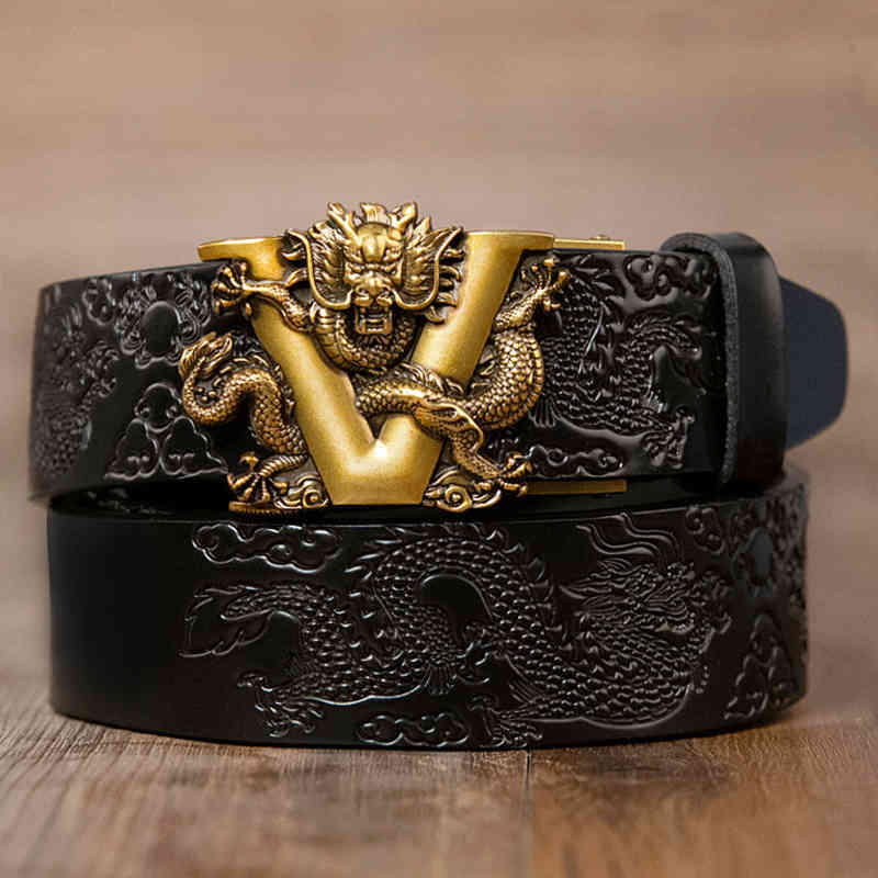 

New Male China Dragon Belt Cow Real Leather For Men Carving Pattern Automatic Gp Jeans, Black
